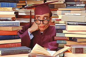 professor surrounded by books
